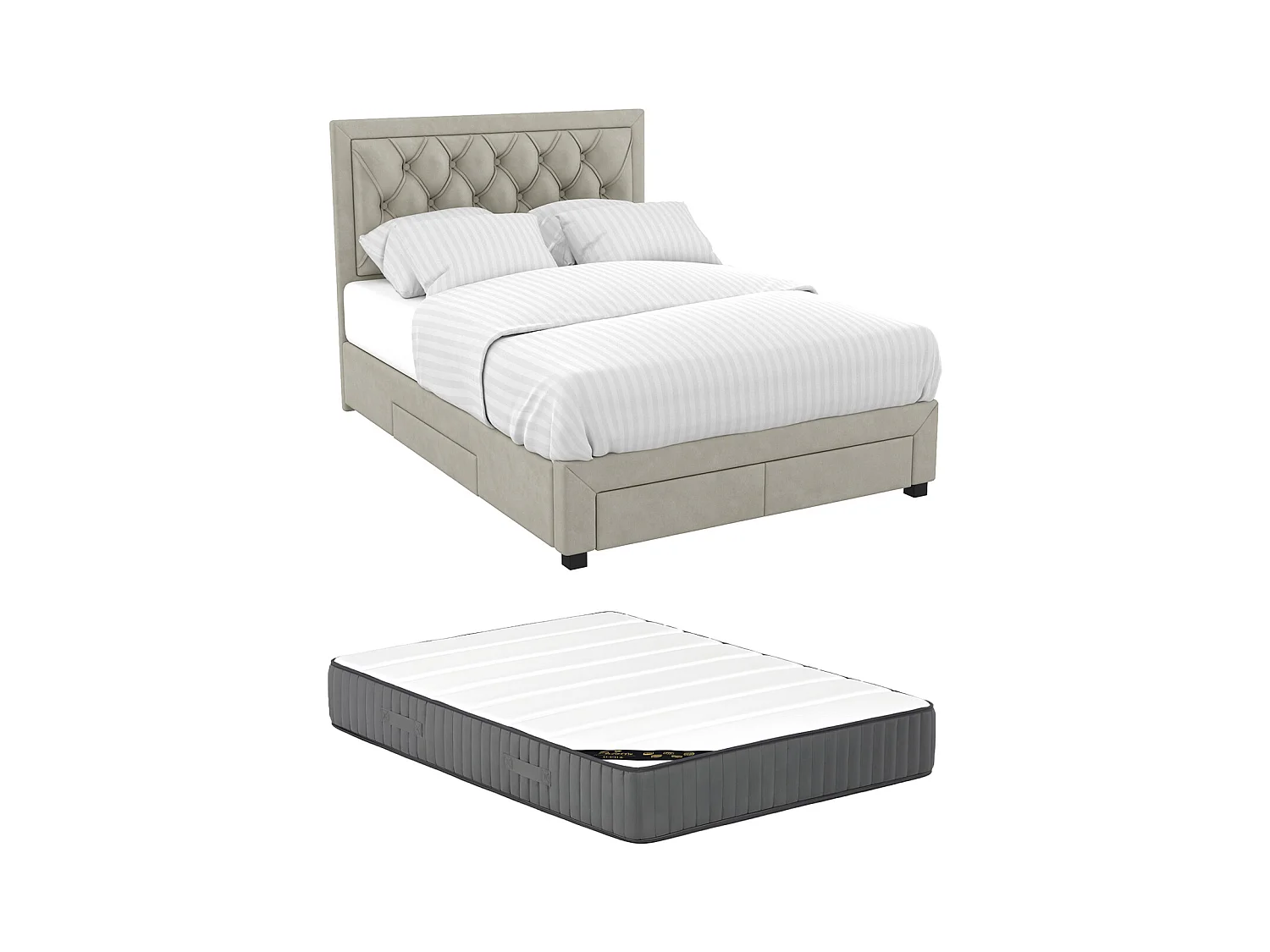 Lit avec tiroirs 140 x 190 cm - Tissu velours - Beige + Matelas - LEOPOLD