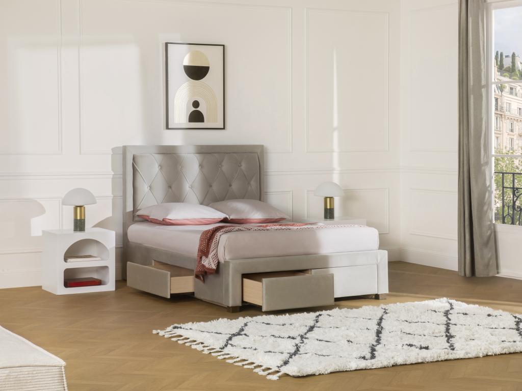 Polsterbett mit Schubladen + Matratze - 140 x 200 cm - Samt - beige - LEOPO günstig online kaufen