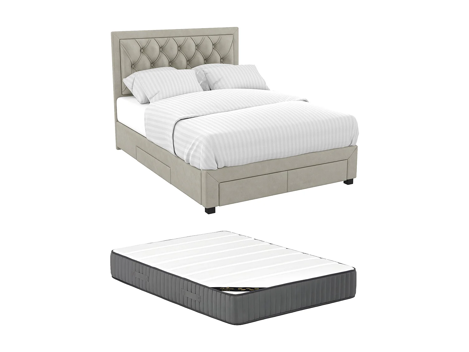 Letto con cassetti 160 x 200 cm in Tessuto Velluto Beige + Materasso - LEOPOLD