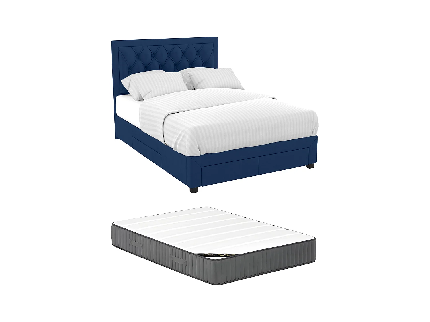 Cama con cajones 160 x 200 cm - Tela de terciopelo azul + Colchón - LEOPOLD