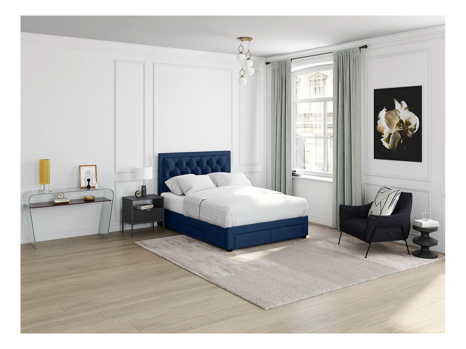 Cama con cajones 160 x 200 cm - Tela de terciopelo azul + Colchón - LEOPOLD