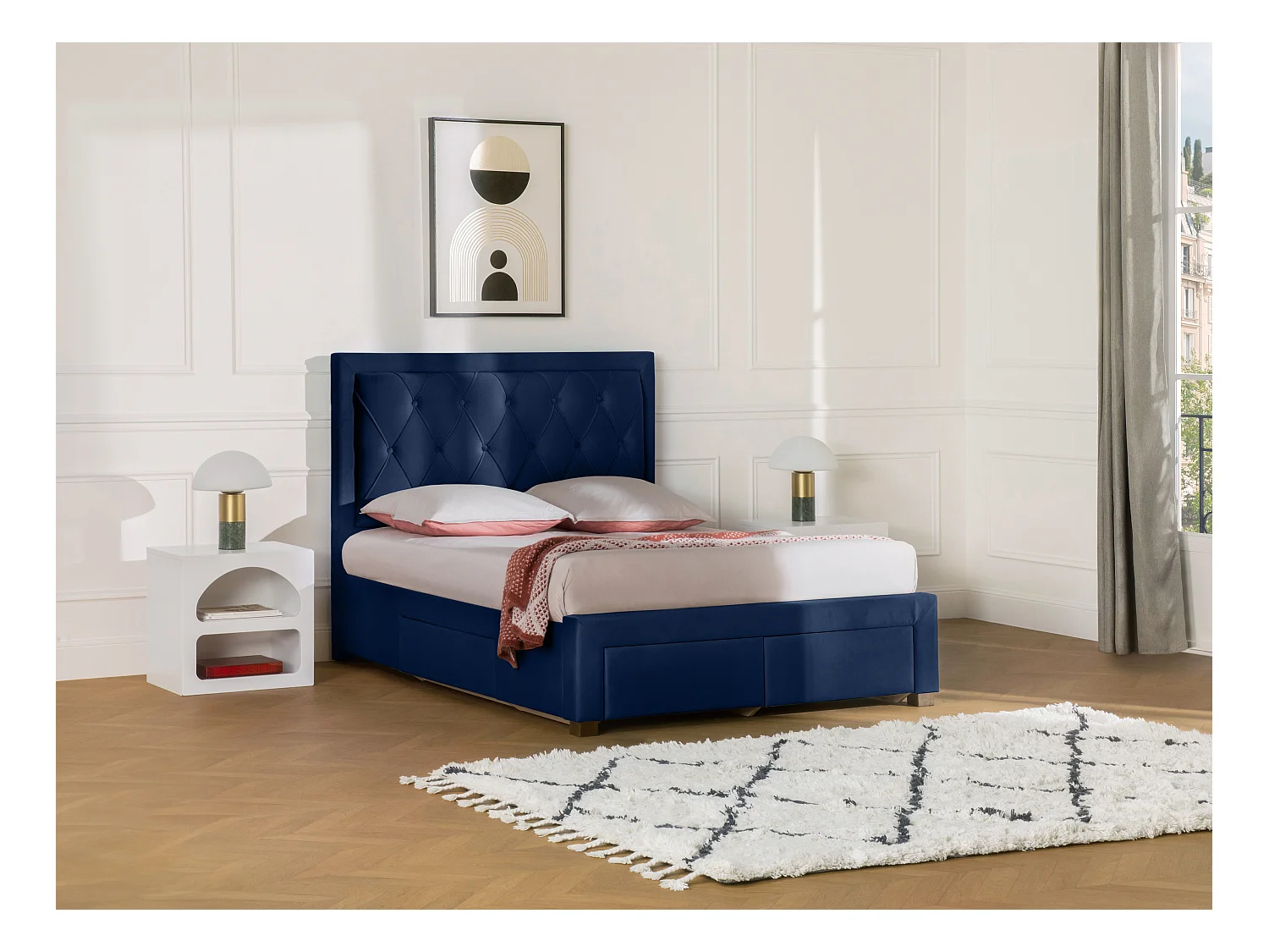 Cama con cajones 160 x 200 cm - Tela de terciopelo azul + Colchón - LEOPOLD