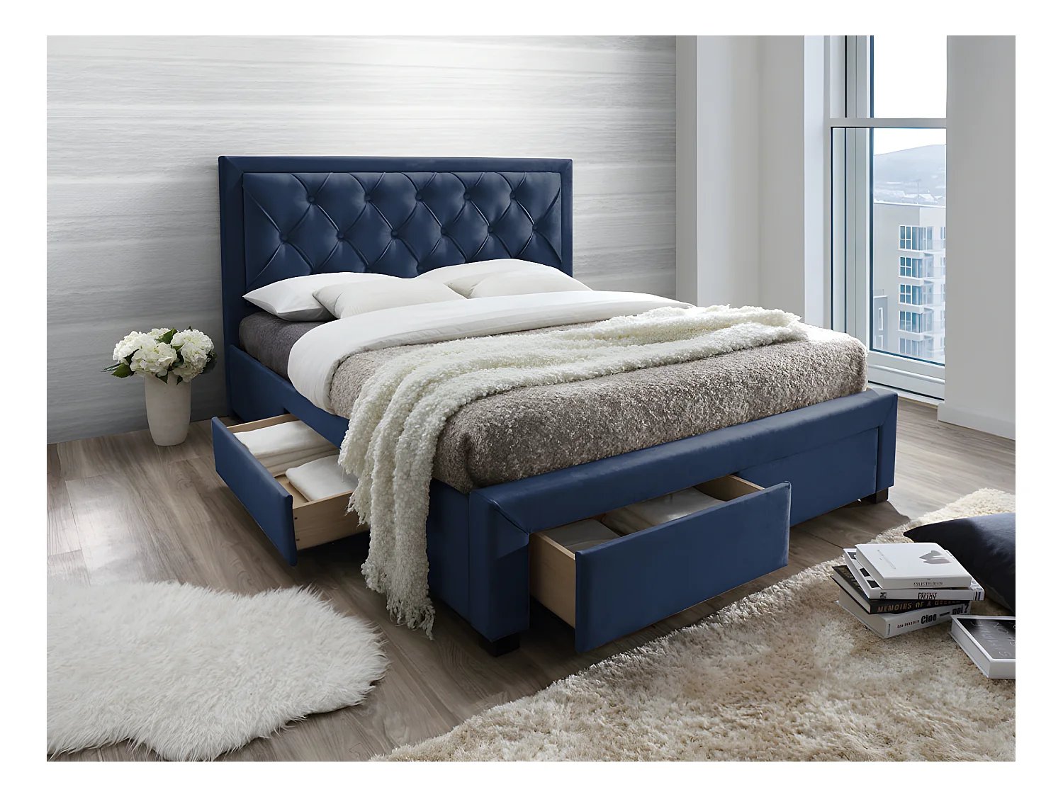 Lit avec tiroirs 160 x 200 cm - Tissu velours bleu + Matelas - LEOPOLD