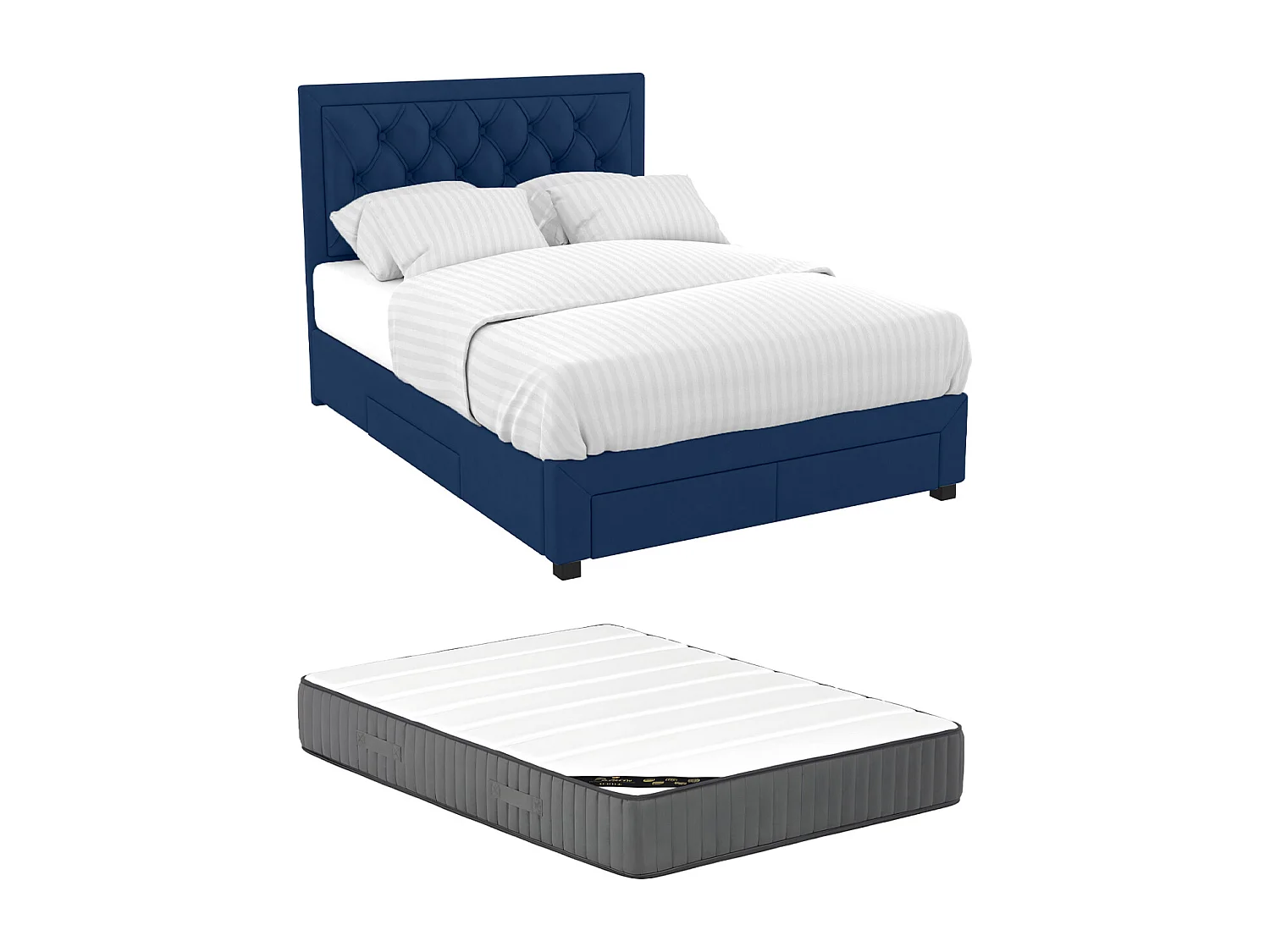 Cama com gavetas 160 x 200 cm veludo azul + Colchão - LEOPOLD