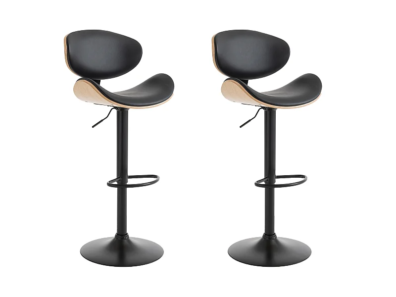 Lot de 2 tabourets de bar en simili, placage chêne et métal - Hauteur réglable - Naturel clair et Noir - MONTENEGRO