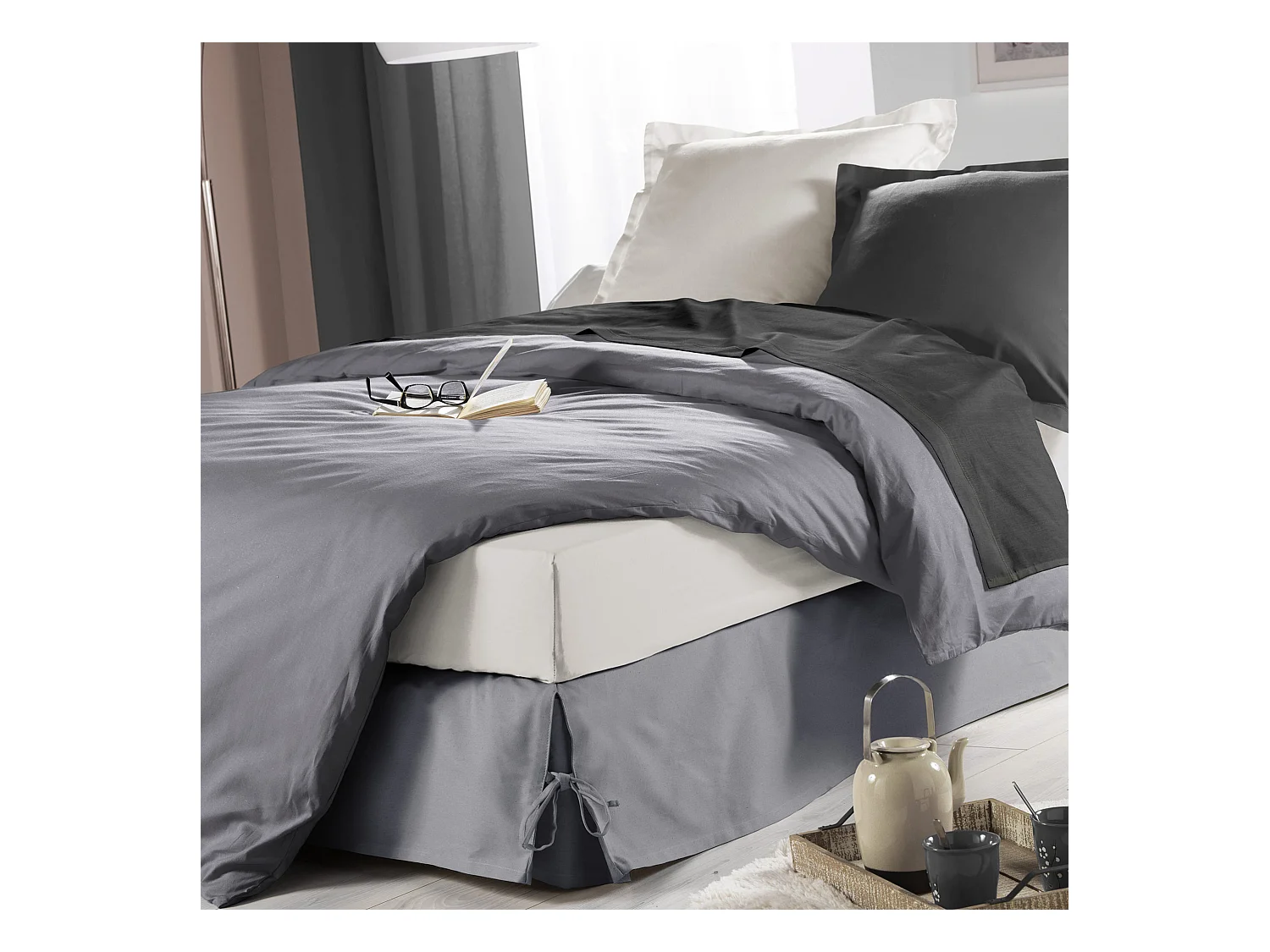 Cache-sommier avec nouettes - 90 x 190 cm - Sommina  - Gris