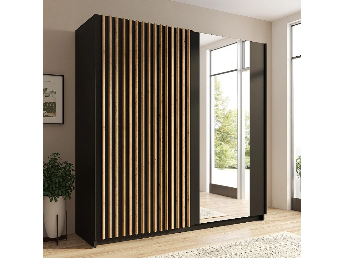 Armoire 200 cm avec 2 portes coulissantes, coloris noir – Collection STRANO