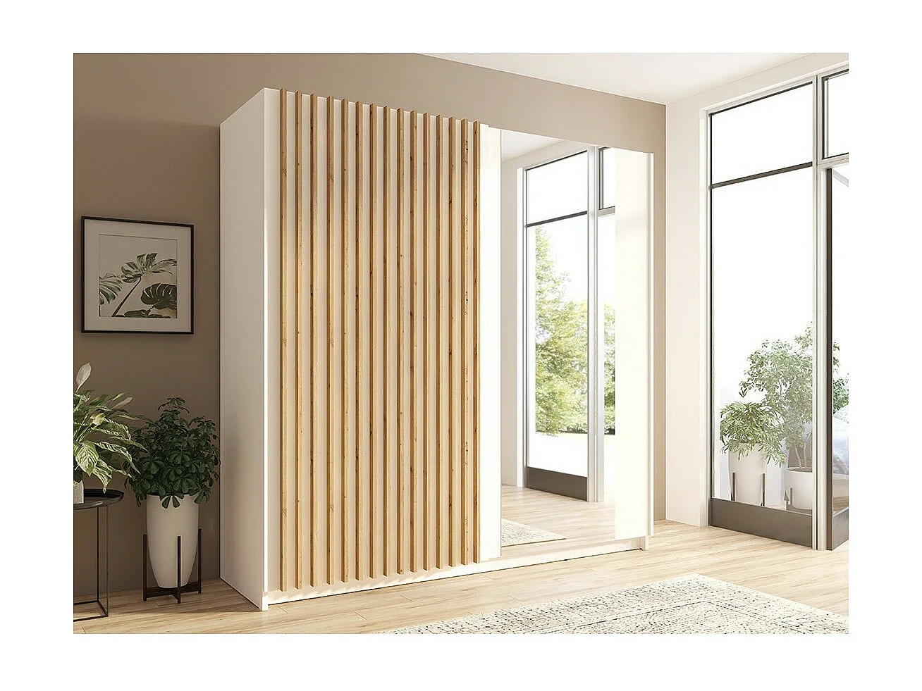 Armoire 2 portes coulissantes avec miroir 200 cm - blanc et chêne - Collection STRANO