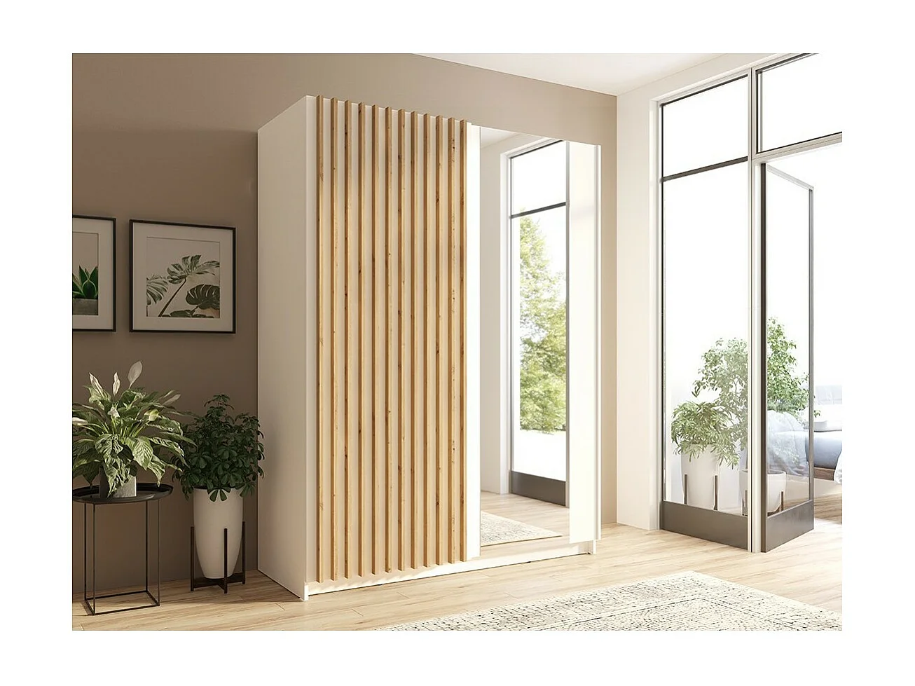 Armário design 150cm nas cores branco e carvalho, coleção STRANO. Duas portas de correr. Guarda-roupa completo com espelho.