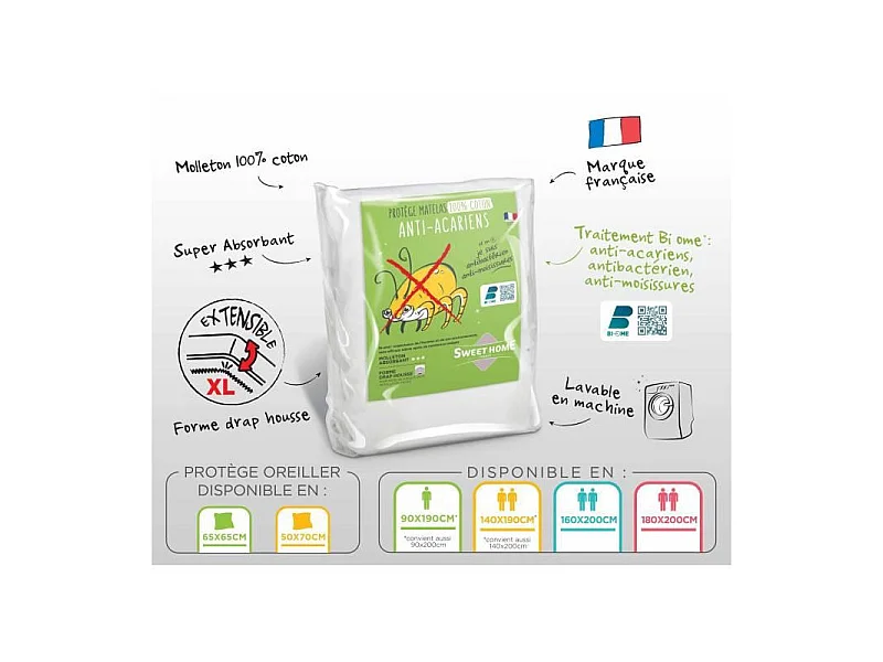 Protège-matelas 100% coton SWEETHOME - Anti-acariens - Doux et confortable - 140x190 /200 cm