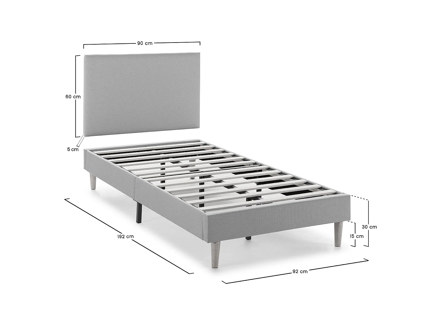 Sommier tapissier Aura + tête de lit 90x190 cm, Gris clair, hauteur 30 cm