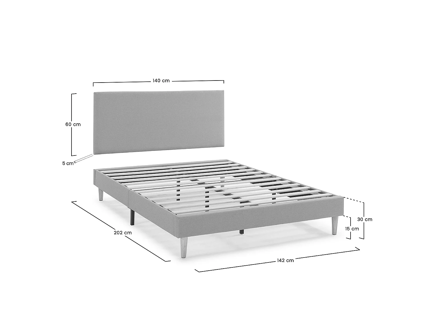 Sommier tapissier Aura + tête de lit 140x200 cm Gris Foncé, hauteur 30 cm