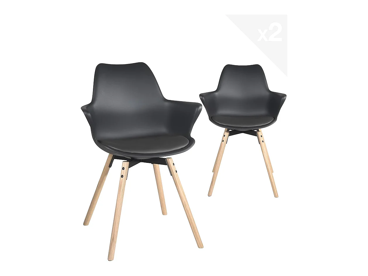 Lot 2 chaises scandinaves accoudoir pieds bois clair et coussin simili cuir MOTI (noir)