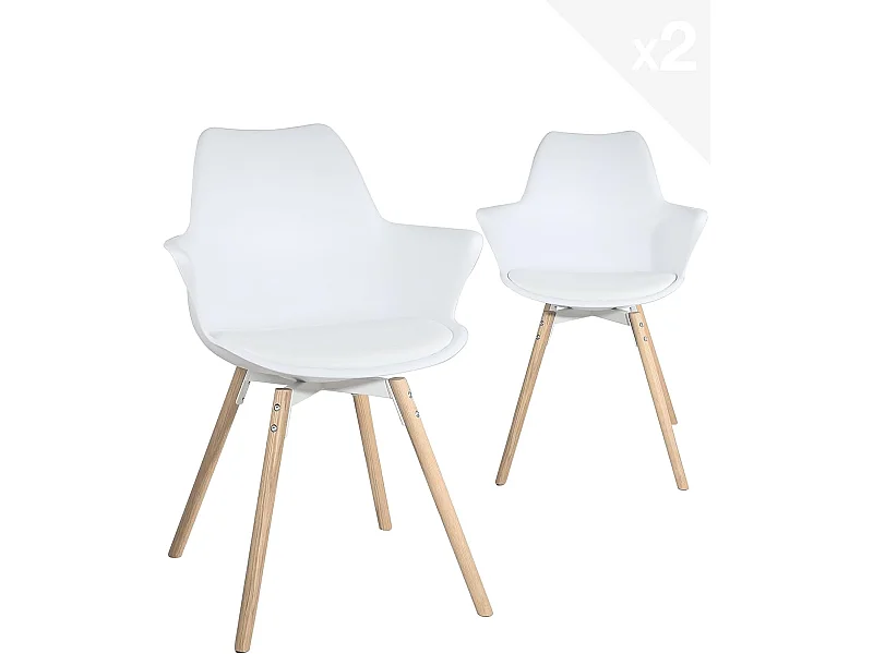 Lote de 2 sillas escandinavas con reposabrazos, patas de madera de haya clara y cojín de cuero sintético MOTI (blanco)