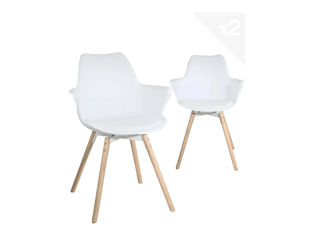 Lot 2 chaises scandinaves accoudoir pieds bois clair et coussin simili cuir MOTI (blanc)
