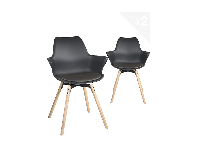 Set van 2 Scandinavische stoelen armleuning lichte houten poten and kussen simili leder MOTI (zwart bruin)