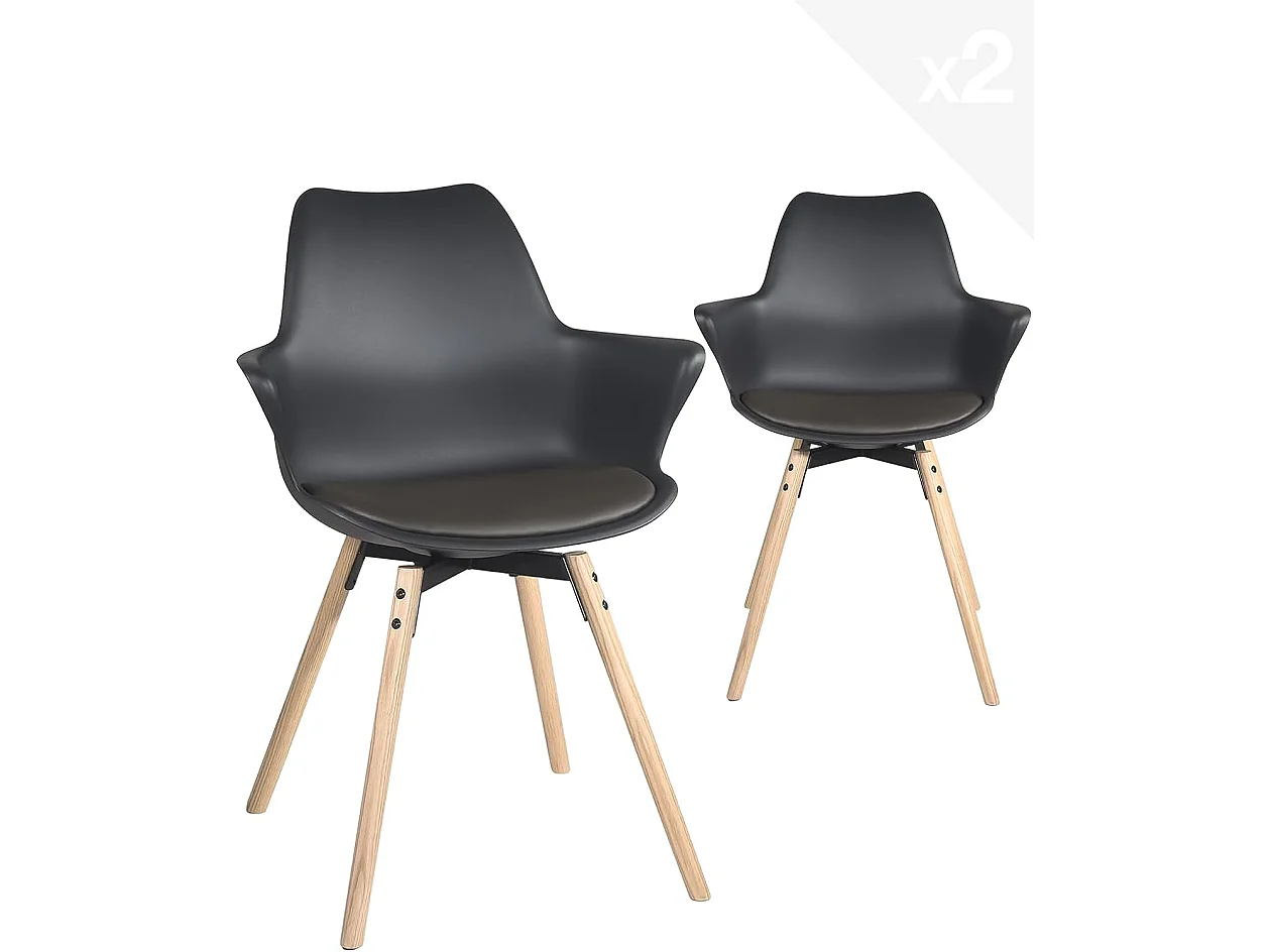 Lot 2 chaises scandinaves accoudoir pieds bois clair et coussin simili cuir MOTI (noir marron)