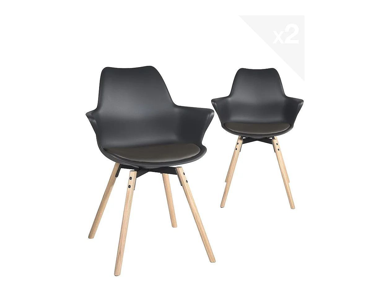 Lot 2 chaises scandinaves accoudoir pieds bois clair et coussin simili cuir MOTI (noir marron)