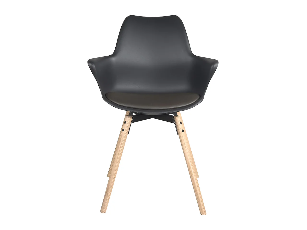 Lote de 2 sillas escandinavas con reposabrazos, patas de madera de haya clara y cojín de cuero sintético MOTI (negro y marrón oscuro)