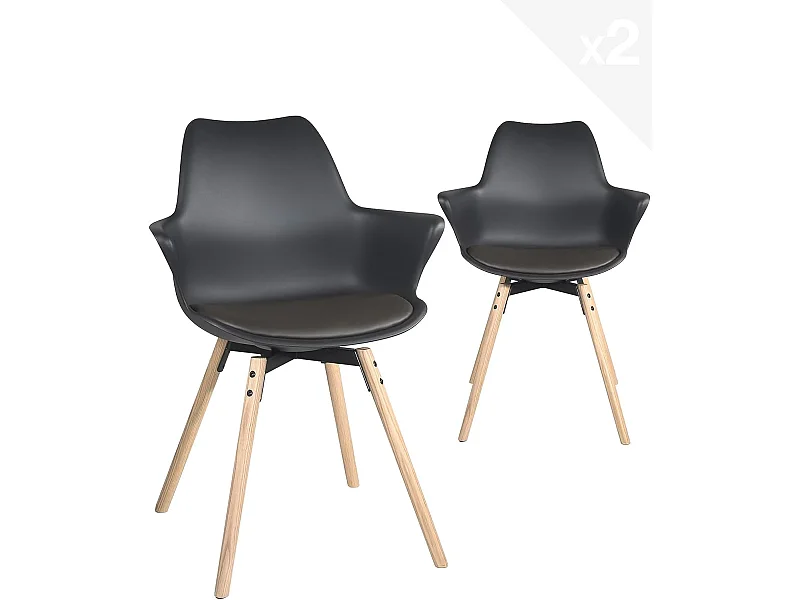 Lot 2 chaises scandinaves accoudoir pieds bois clair et coussin simili cuir MOTI (noir marron)