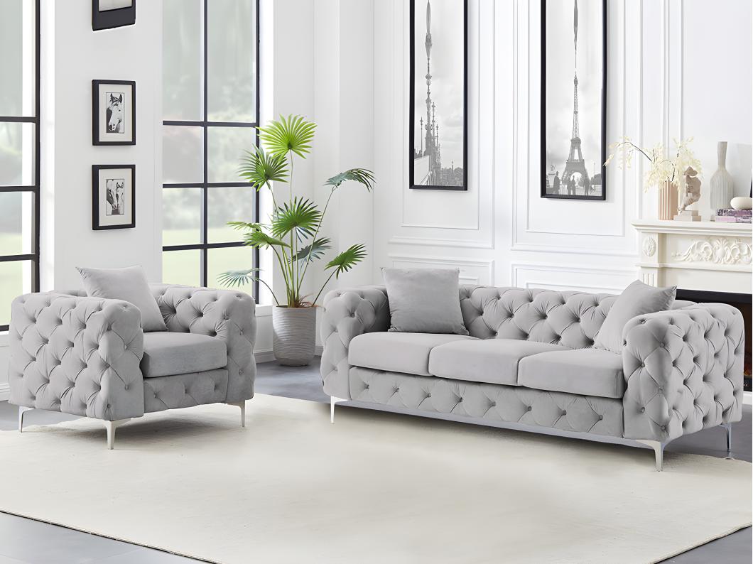 Canapé 3 places et fauteuil en velours gris clair EDWINA