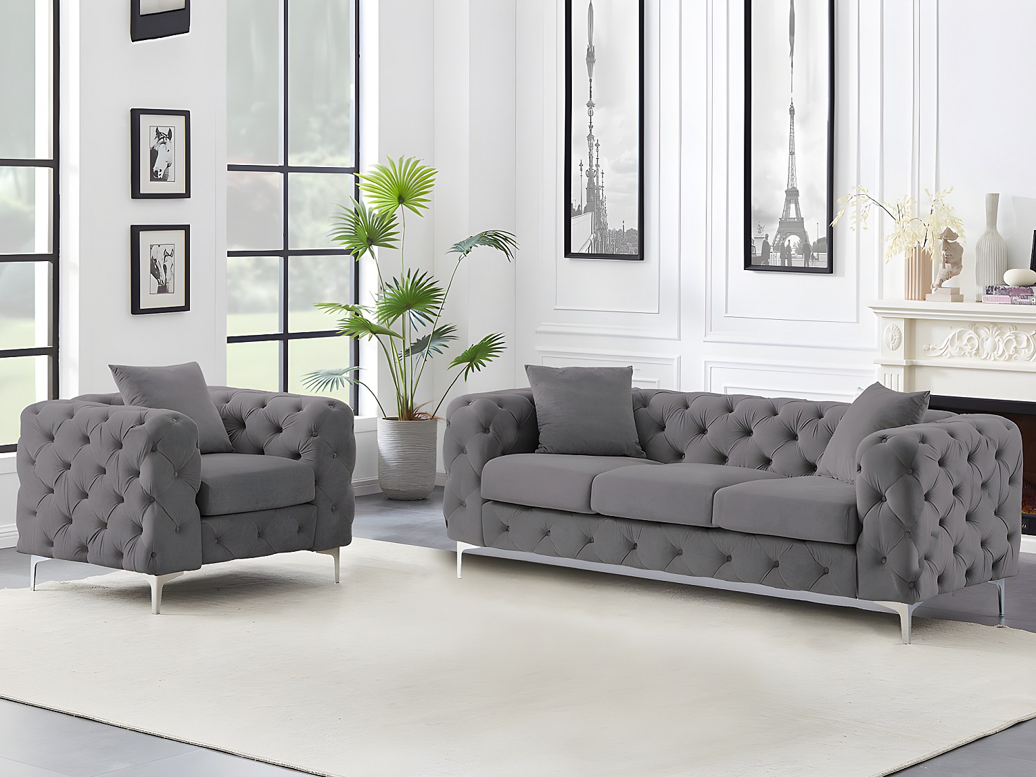 Vente-unique 3-Sitzer-Sofa & Sessel - Anthrazit - Samt - Edwina