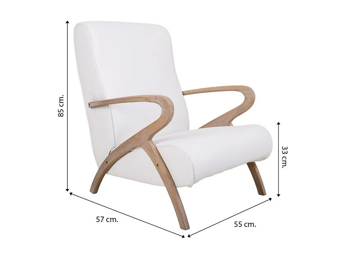 Poltrona in legno imbottita in similpelle bianca 57x55x33/85h