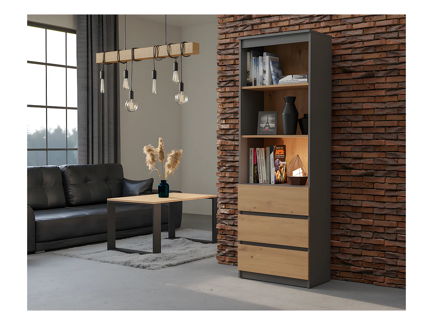 CATANIA - Bibliothèque 3 tiroirs + 2 étagères - 180x60x35 - Meuble de rangement - Etagère livres