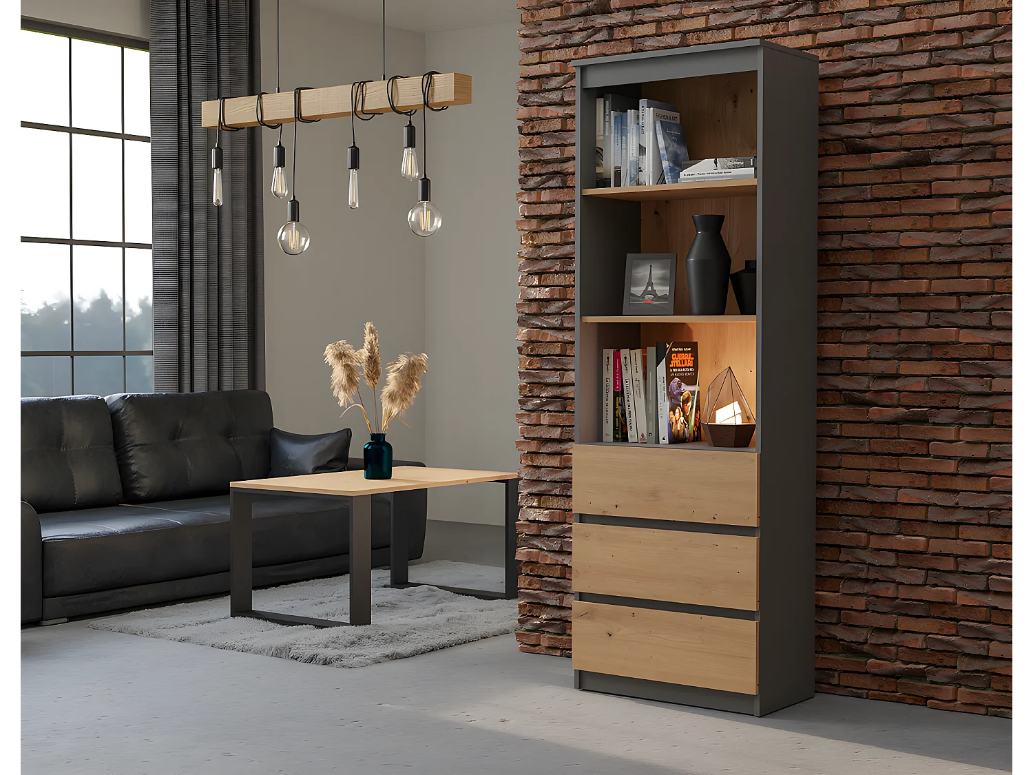 CATANIA - Bibliothèque 3 tiroirs + 2 étagères - 180x60x35 - Meuble de rangement - Etagère livres