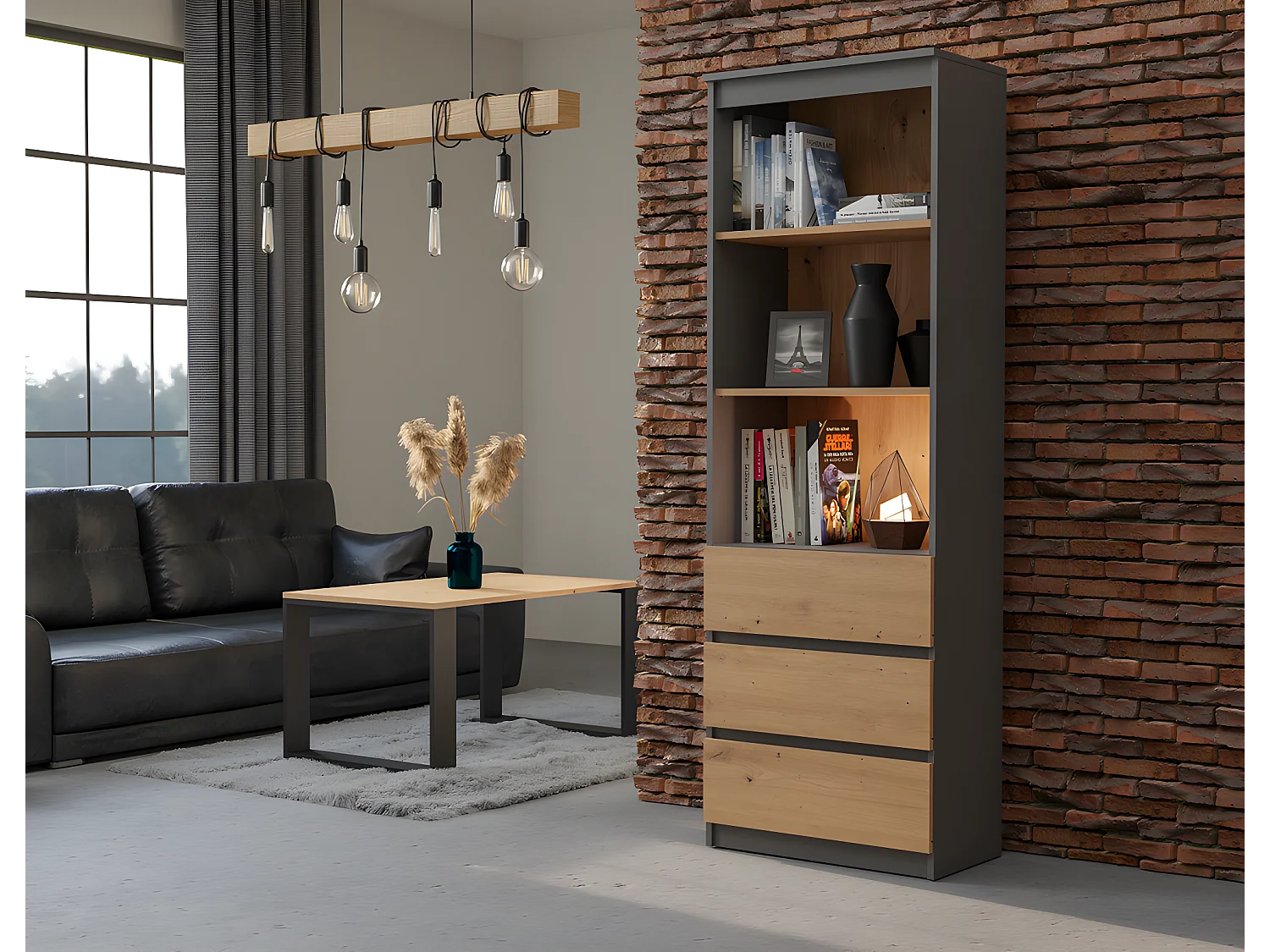 CATANIA - Bücherregal 3 Schubladen + 2 Regale - 180x60x35 - Aufbewahrungsmöbel - Bücherregal