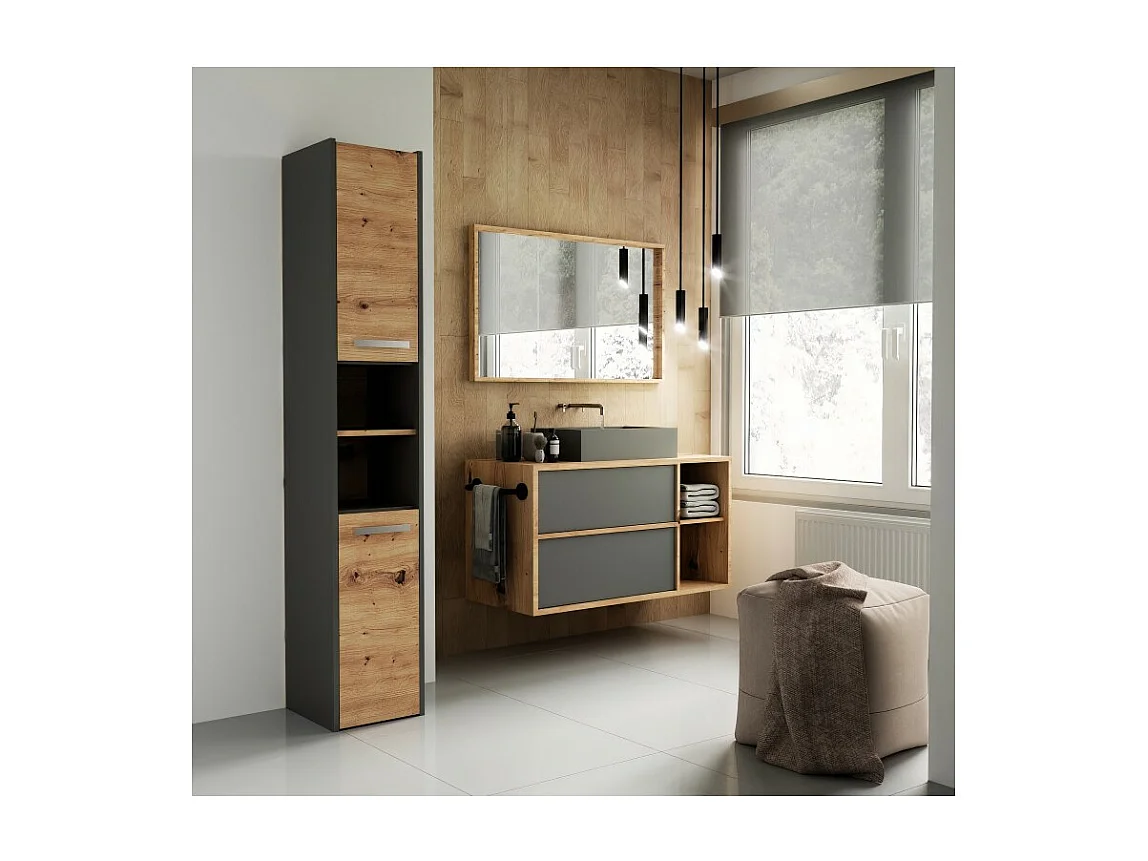 CDF Badschrank S30 | Farbe: Anthrazit - Eiche Artisan | Moderner Badezimmerschrank | Ablagefläche | Geräumige Einlegeböden | Türen | Einfache Montage