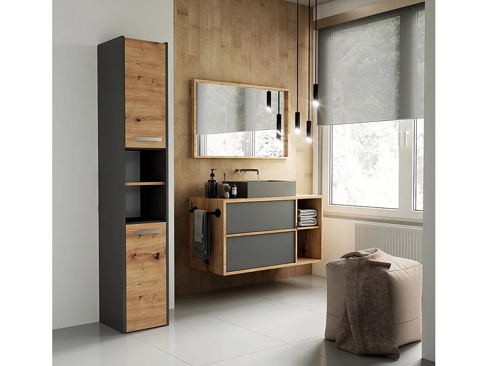 CDF Badschrank S30 | Farbe: Anthrazit - Eiche Artisan | Moderner Badezimmerschrank | Ablagefläche | Geräumige Einlegeböden | Türen | Einfache Montage