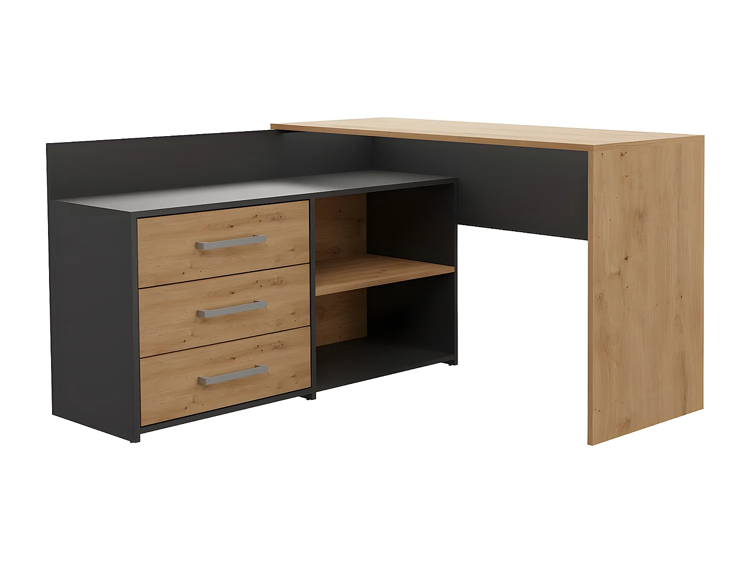 MOLINE - Bureau d'angle avec rangement - 3 tiroirs + 2 etagères - 120x50x76 cm - Bureau d'ordinateur