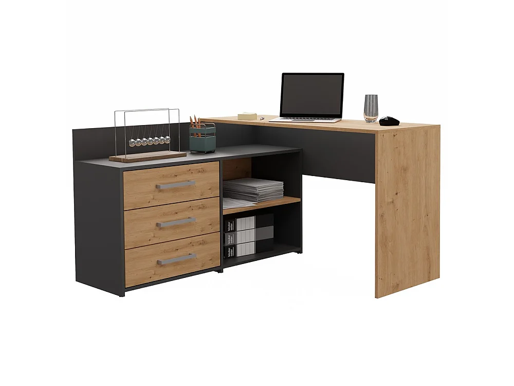 MOLINE - Bureau d'angle avec rangement - 3 tiroirs + 2 etagères - 120x50x76 cm - Bureau d'ordinateur