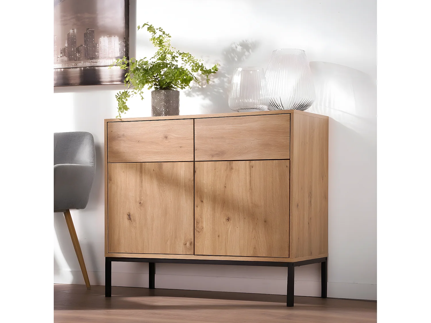 Kommode, 2 Türen, 2 Schubladen, Eichendekor L90 x H80 cm - LENNY