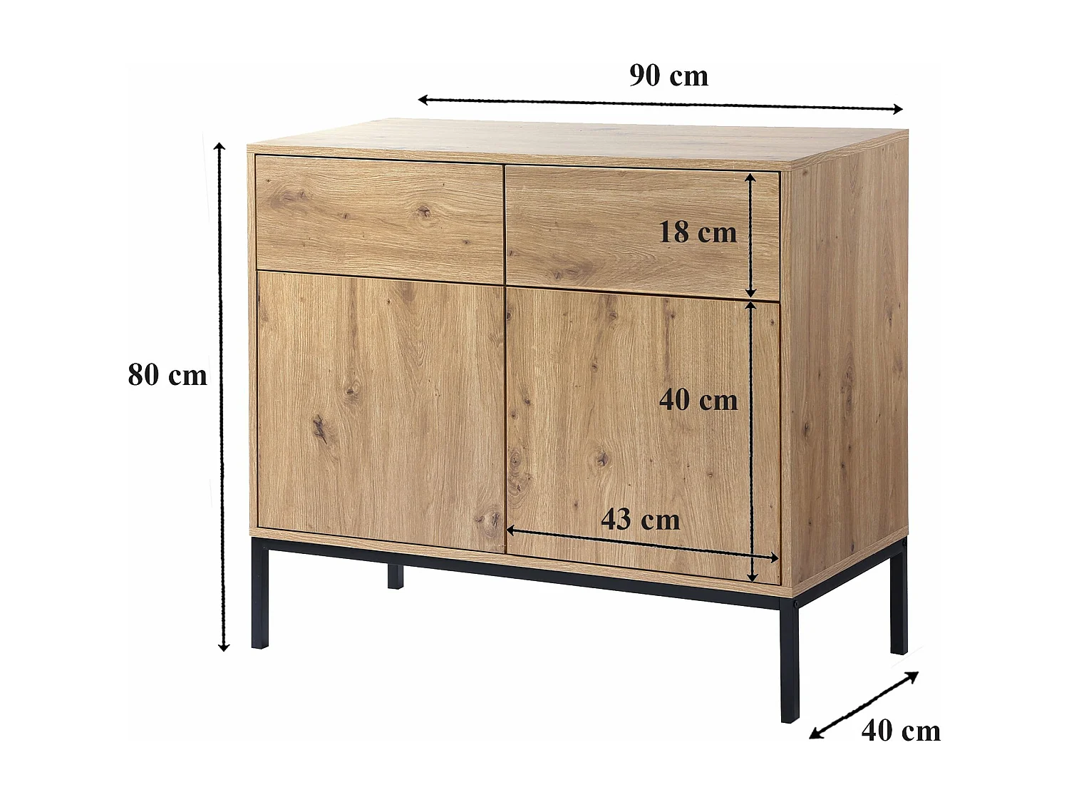 Kommode, 2 Türen, 2 Schubladen, Eichendekor L90 x H80 cm - LENNY