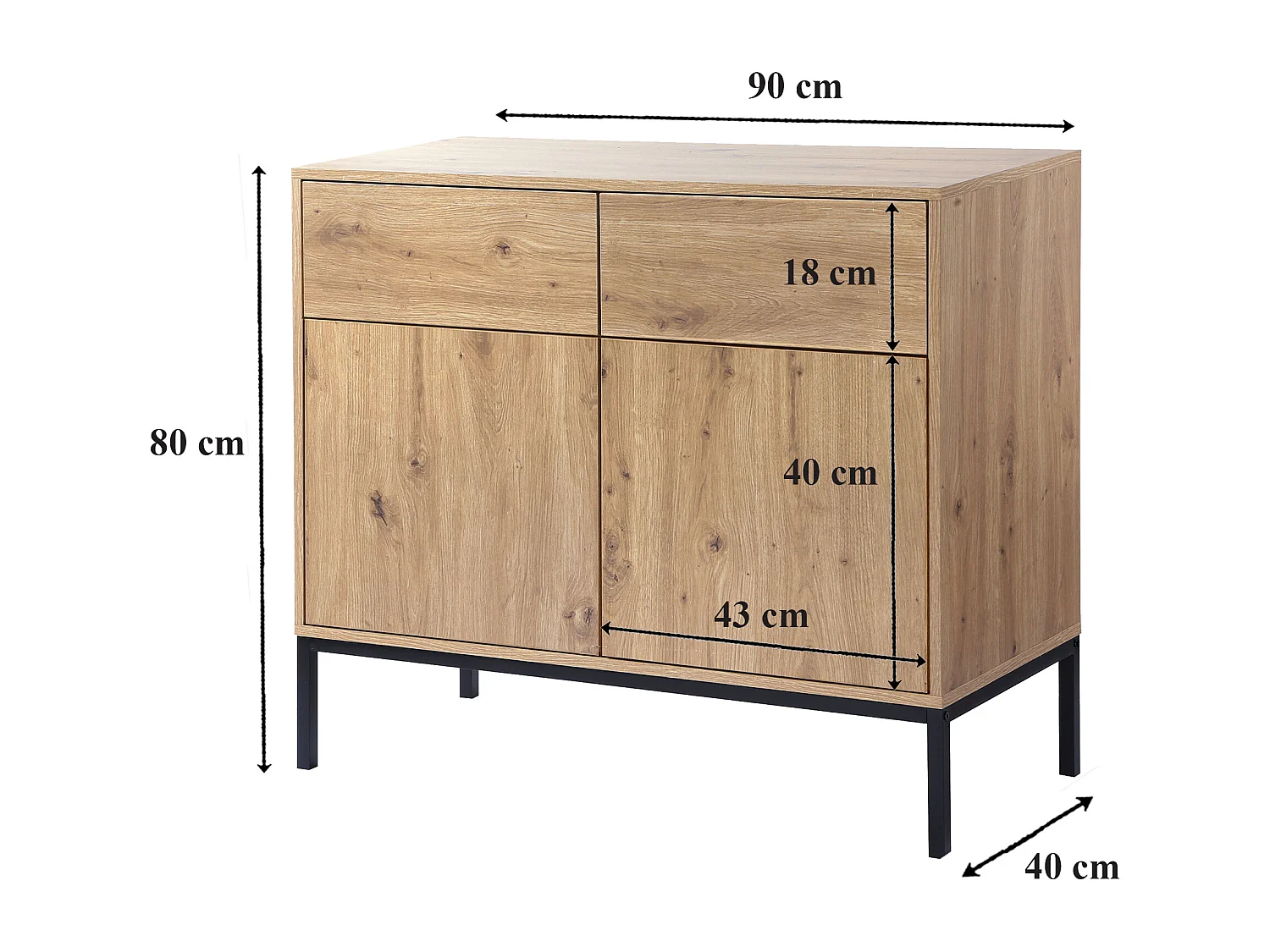 Buffet 2 Portes 2 Tiroirs Décor Chêne L90 x H80 cm - LENNY