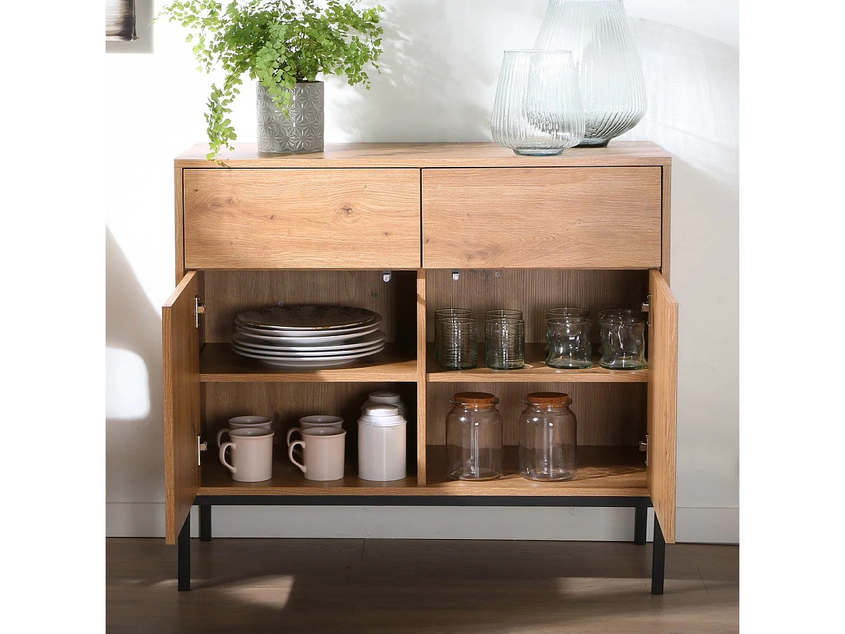 Buffet 2 Portes 2 Tiroirs Décor Chêne L90 x H80 cm - LENNY