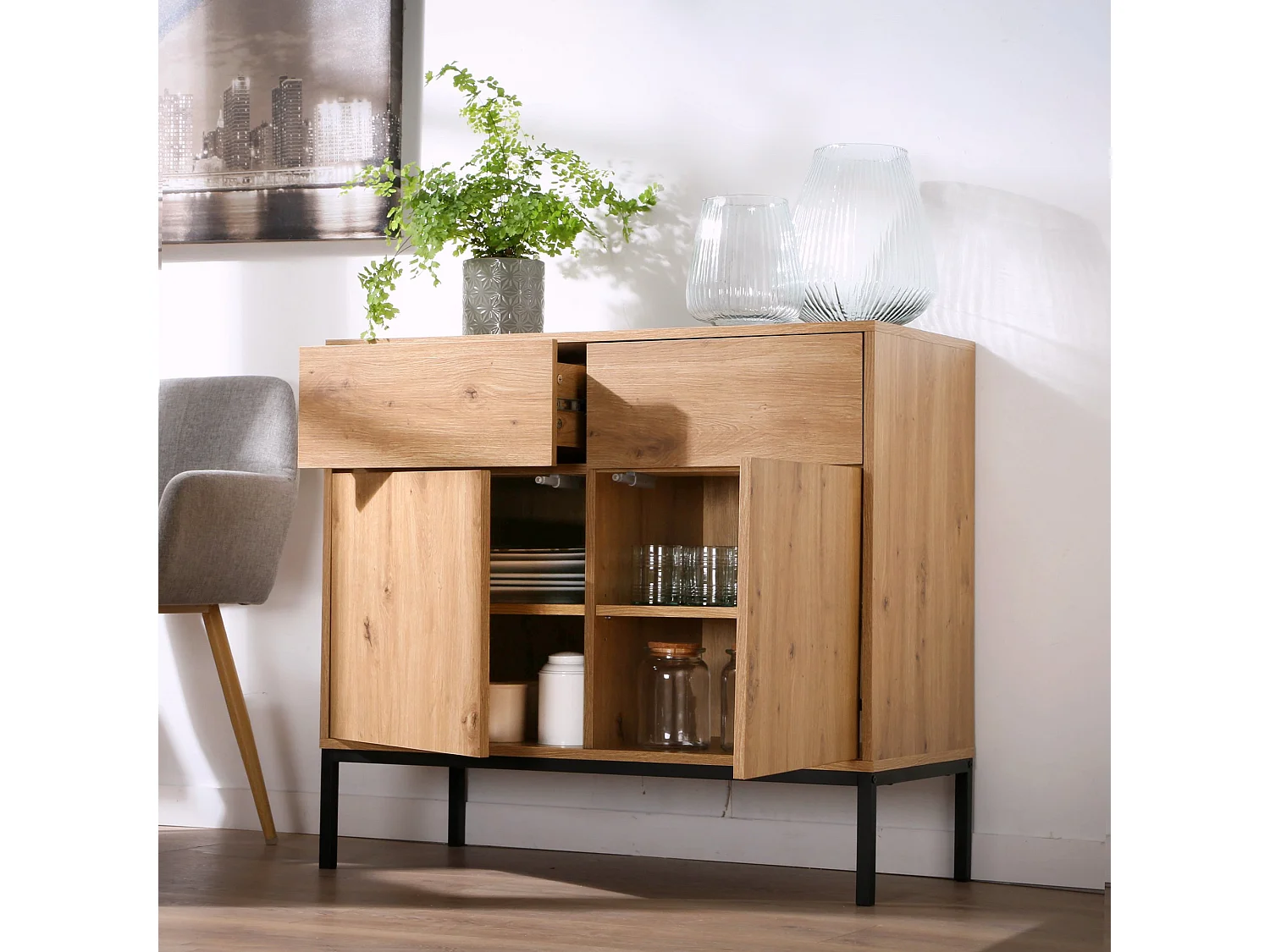 Buffet 2 Portes 2 Tiroirs Décor Chêne L90 x H80 cm - LENNY
