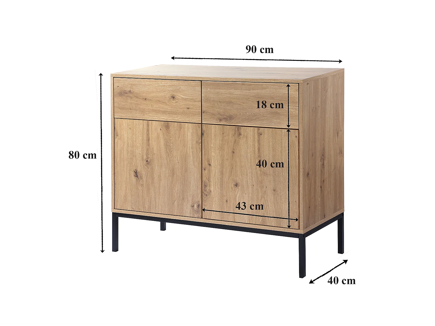 Buffet 2 Portes 2 Tiroirs Décor Chêne L90 x H80 cm - LENNY