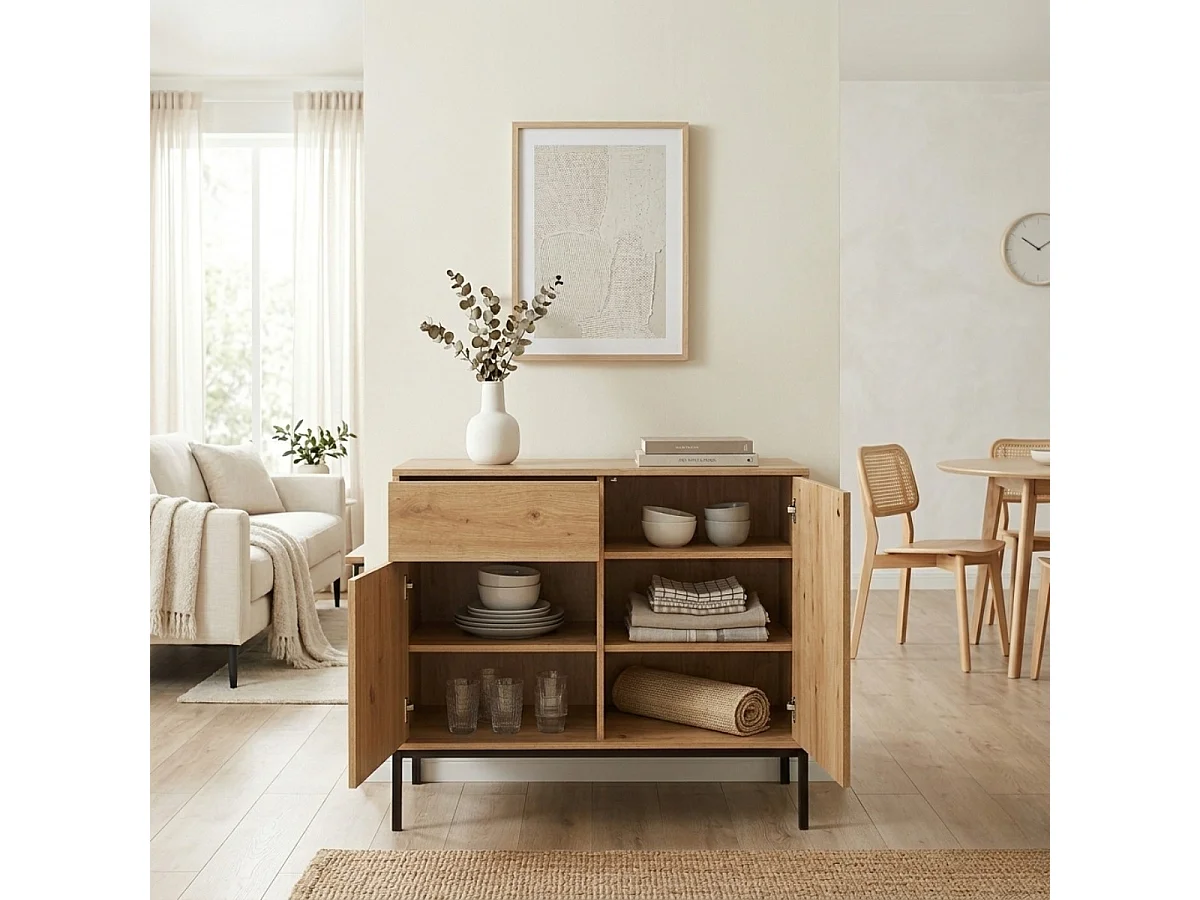 Buffet 2 Portes 2 Tiroirs Décor Chêne L90 x H80 cm - LENNY