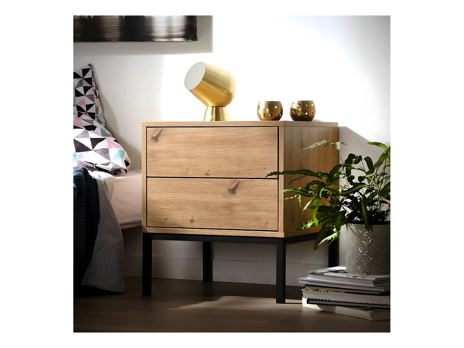 Mesita de noche con 2 cajones, acabado en roble, altura 50 cm - LENNY