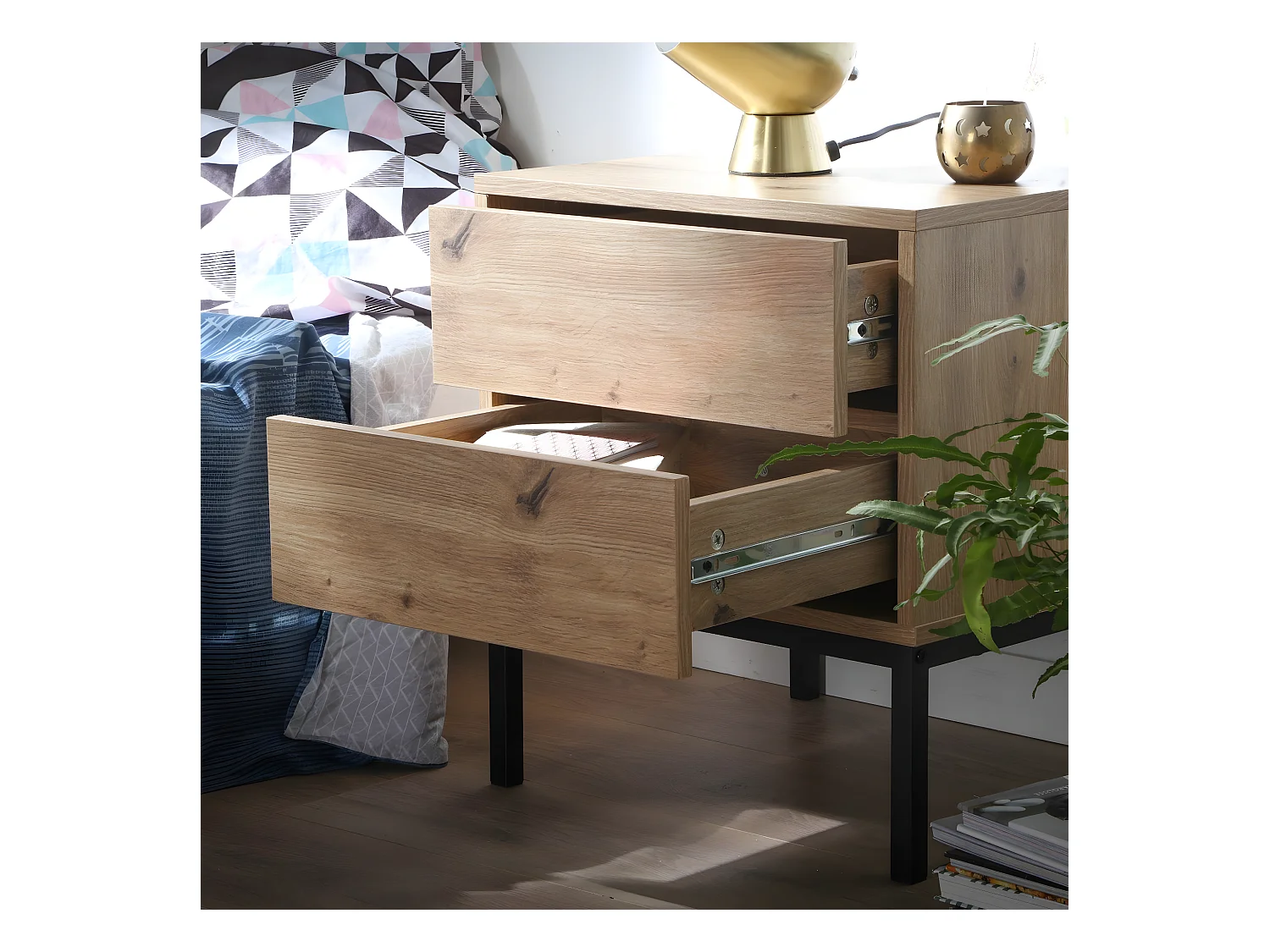 Mesita de noche con 2 cajones, acabado en roble, altura 50 cm - LENNY