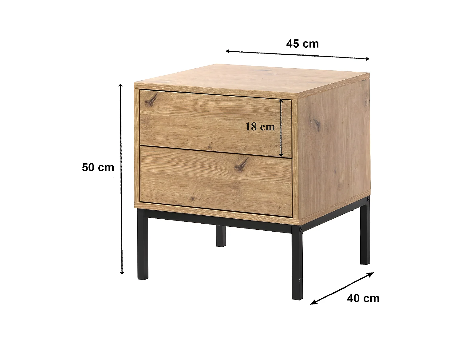 Mesita de noche con 2 cajones, acabado en roble, altura 50 cm - LENNY