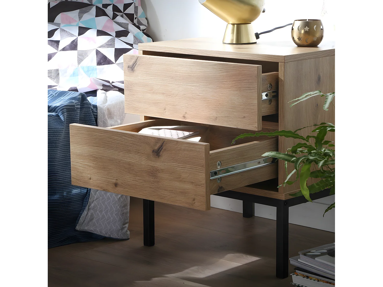 Table de Chevet 2 Tiroirs Décor Chêne H50 cm - LENNY