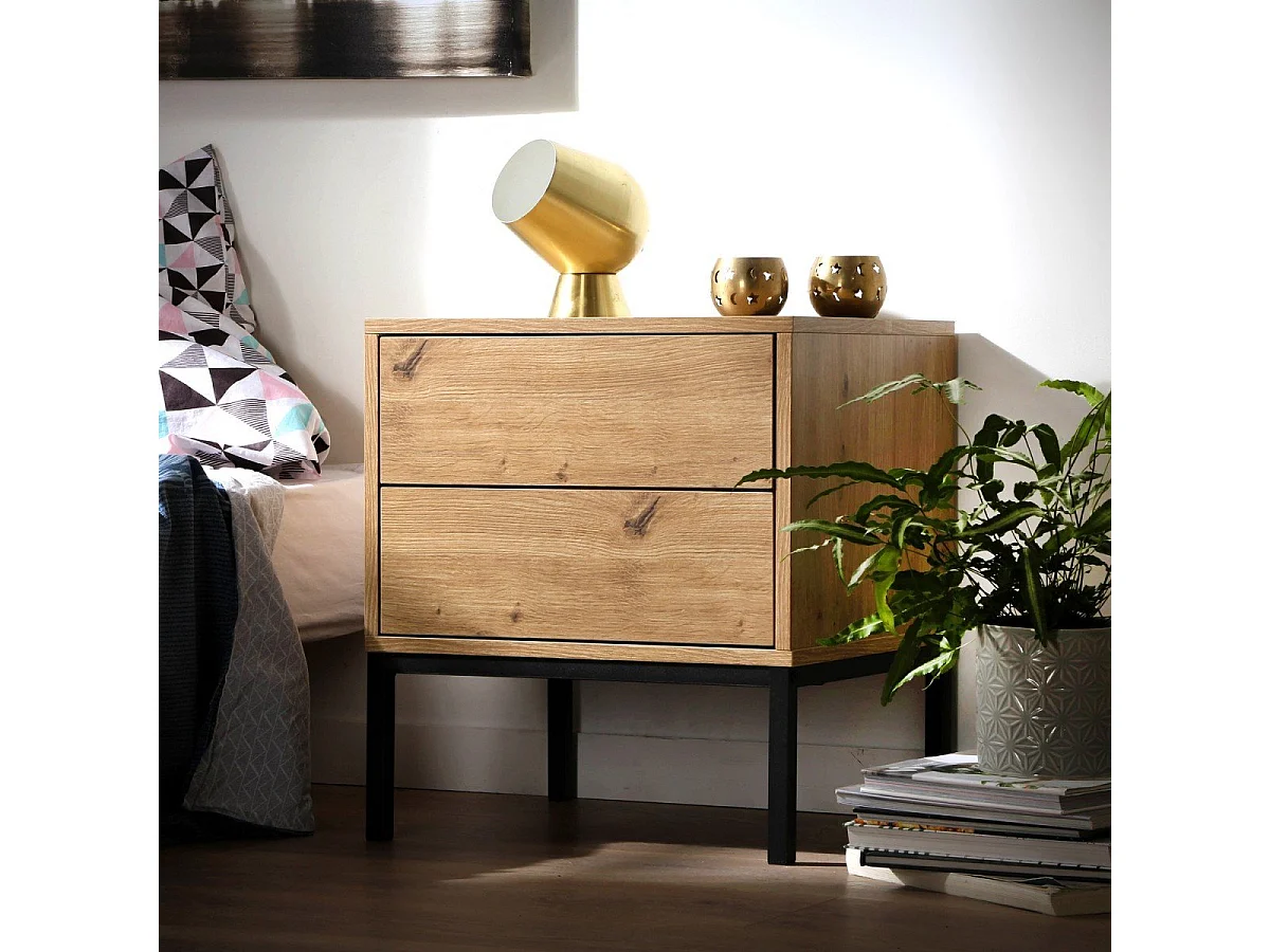 Nachtkastje met 2 lades, eikendecor, hoogte 50 cm - LENNY