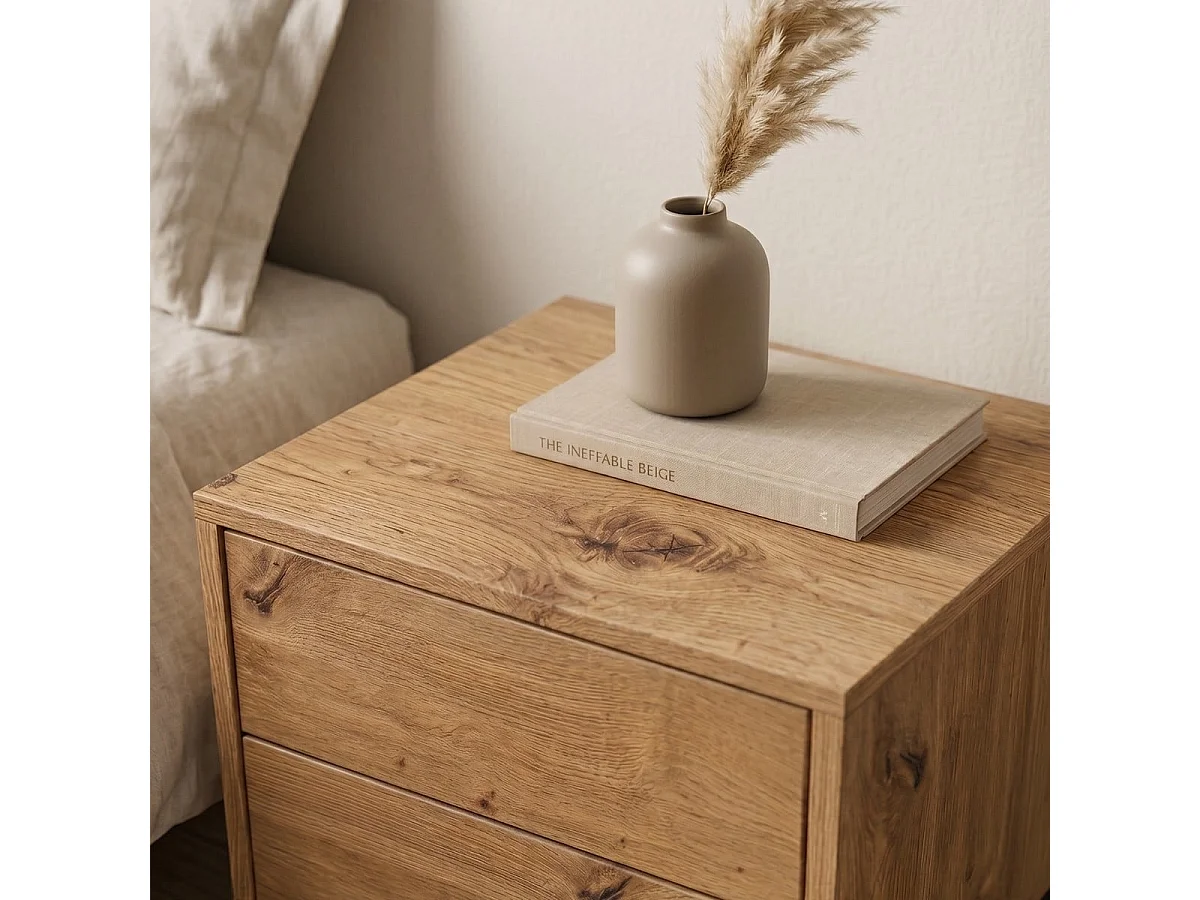 Mesita de noche con 2 cajones, acabado en roble, altura 50 cm - LENNY