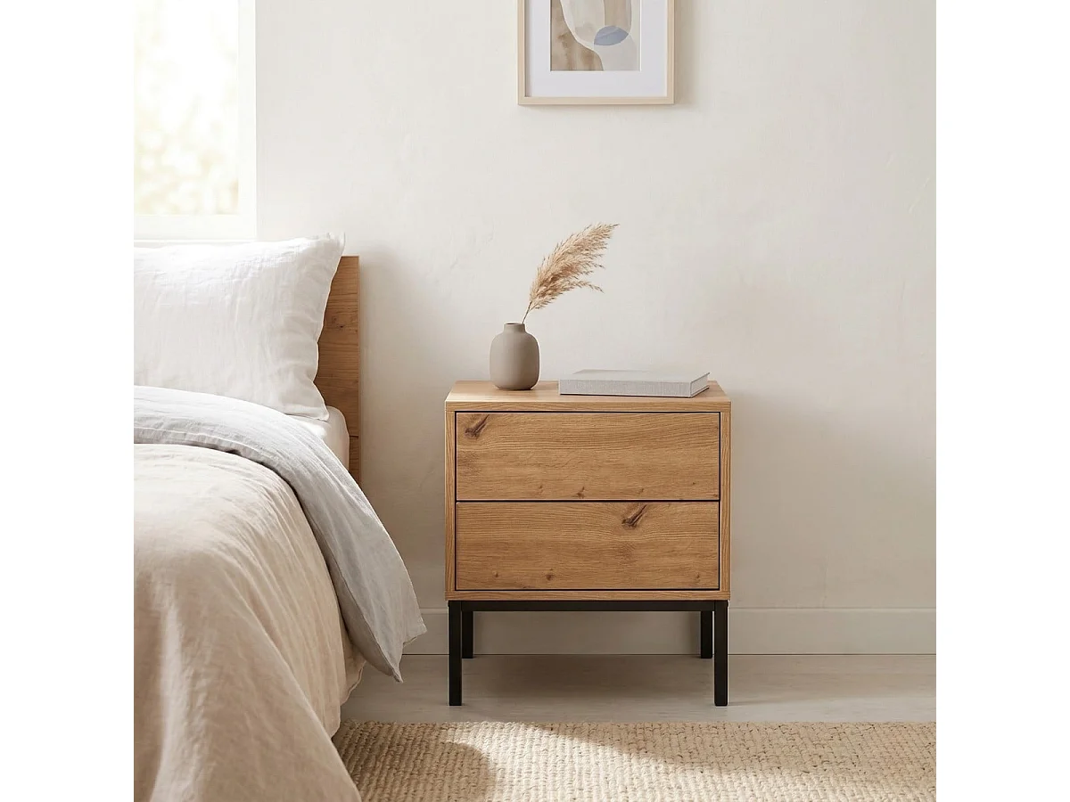 Mesita de noche con 2 cajones, acabado en roble, altura 50 cm - LENNY