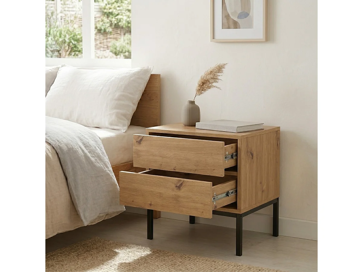 Mesita de noche con 2 cajones, acabado en roble, altura 50 cm - LENNY