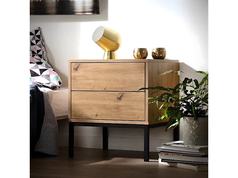 Table de Chevet 2 Tiroirs Décor Chêne H50 cm - LENNY
